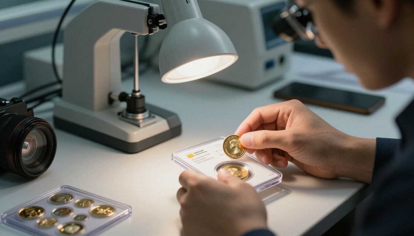 Professional numismatist examining a gold coin with jeweler's loupe at a specialized grading workstation with coin slabs and certification holders Professional numismatist examining a gold coin with jeweler's loupe at a specialized grading workstation with coin slabs and certification holders