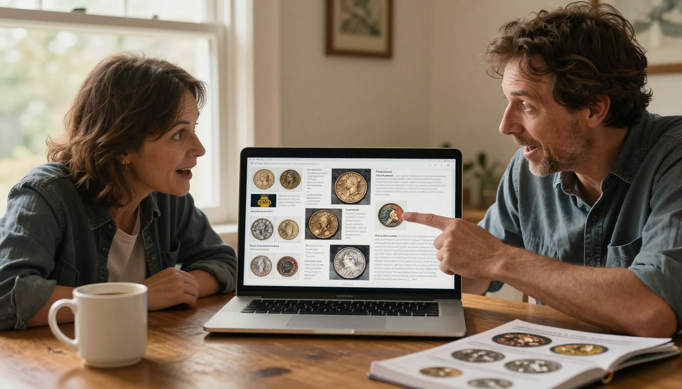 Two coin collectors sitting side by side at a dining table, sharing a laptop displaying a professional flipbook coin catalog with vivid photographs Two coin collectors sitting side by side at a dining table, sharing a laptop displaying a professional flipbook coin catalog with vivid photographs