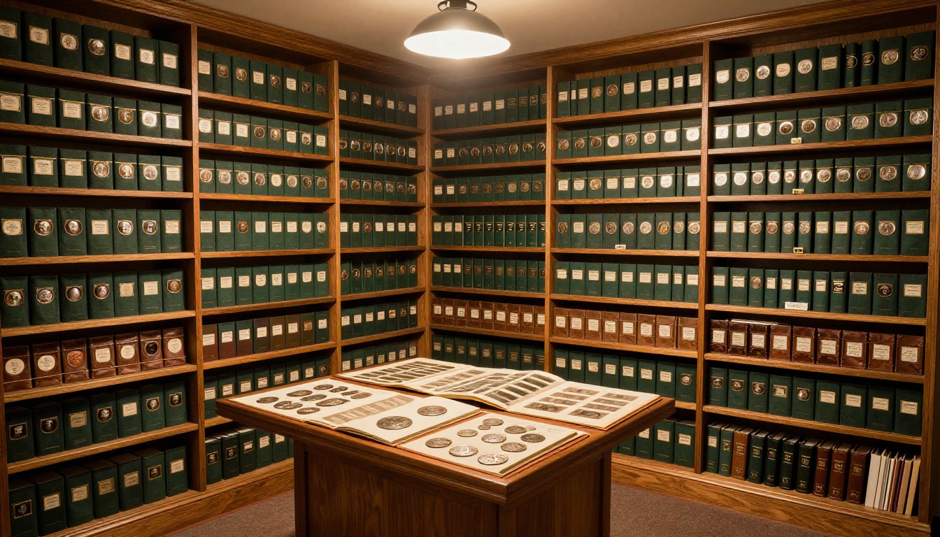 Organized coin collection storage wall with floor-to-ceiling wooden shelving units lined with matching dark green albums sorted by era Organized coin collection storage wall with floor-to-ceiling wooden shelving units lined with matching dark green albums sorted by era
