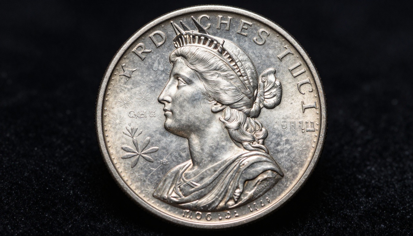 Dramatic low-angle close-up of a single large silver dollar coin standing upright on black velvet with cinematic spotlight lighting revealing engraving detail Dramatic low-angle close-up of a single large silver dollar coin standing upright on black velvet with cinematic spotlight lighting revealing engraving detail