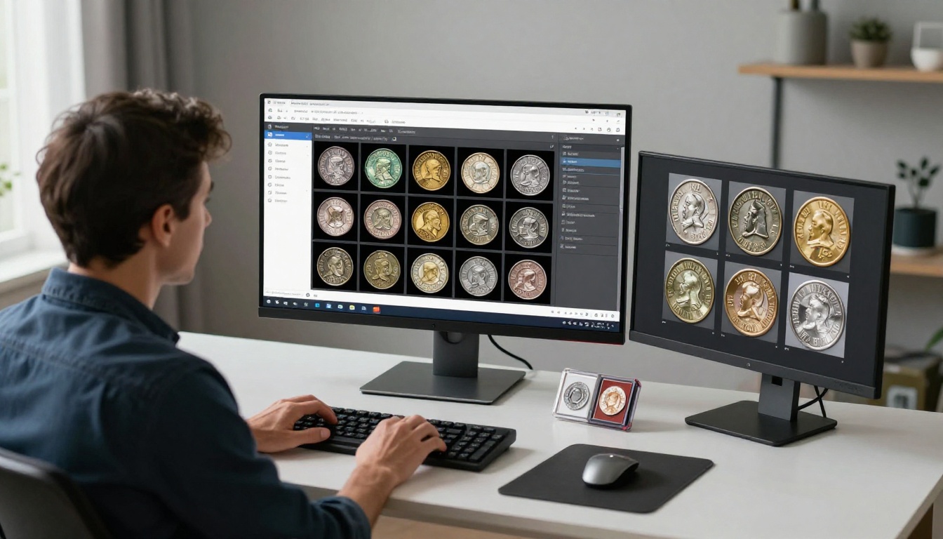 Man at modern home office desk with dual monitors uploading coin photographs to a digital catalog creation platform with coin grading slabs nearby Man at modern home office desk with dual monitors uploading coin photographs to a digital catalog creation platform with coin grading slabs nearby