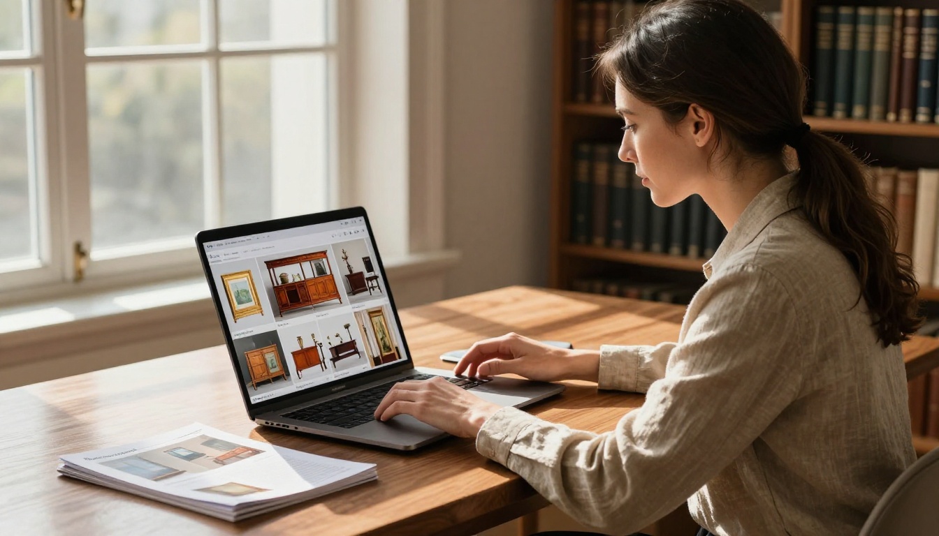 Professional woman browsing digital auction catalog on laptop Professional woman browsing digital auction catalog on laptop