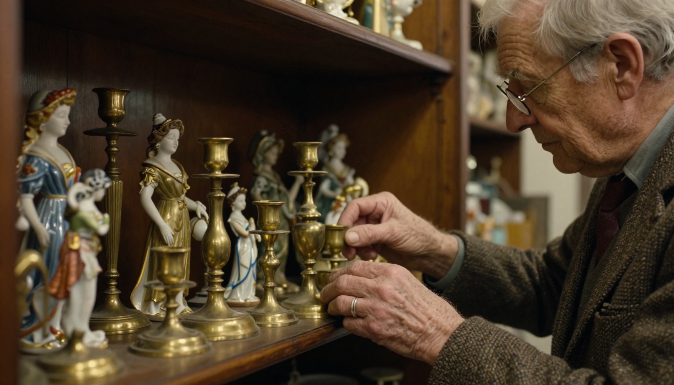 Antique shop owner arranging brass candlesticks and porcelain figurines on mahogany shelf