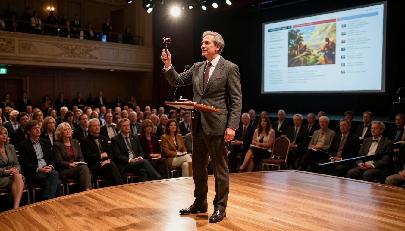 Auctioneer at podium with gavel raised in grand auction room with digital display behind Auctioneer at podium with gavel raised in grand auction room with digital display behind