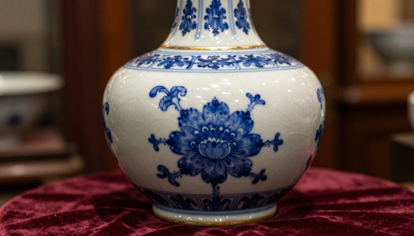 Extreme close-up of 19th-century Chinese export porcelain vase with cobalt blue hand-painted floral motifs