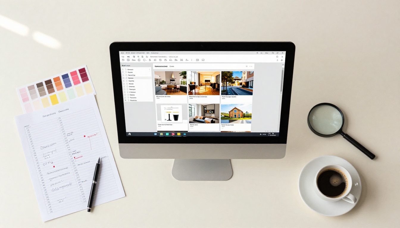Overhead flat-lay of catalog design workspace with PDF layout on iMac screen Overhead flat-lay of catalog design workspace with PDF layout on iMac screen