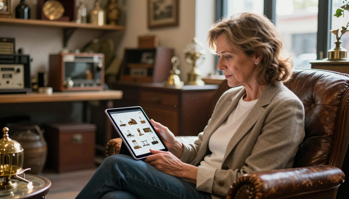 Woman browsing digital antique flipbook catalog on tablet inside a cozy antique shop
