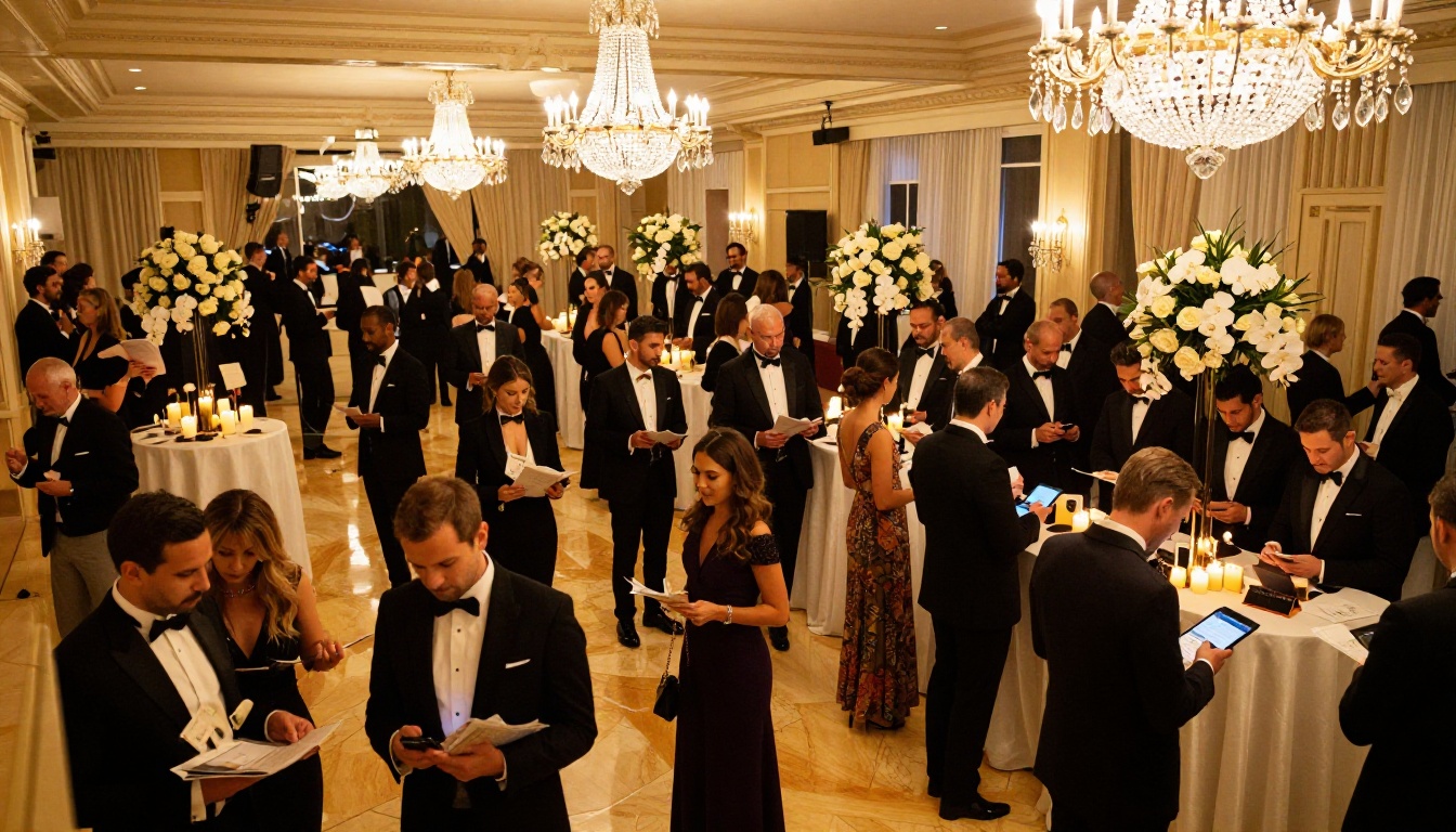 Charity auction event in elegant ballroom with guests consulting digital catalogs Charity auction event in elegant ballroom with guests consulting digital catalogs