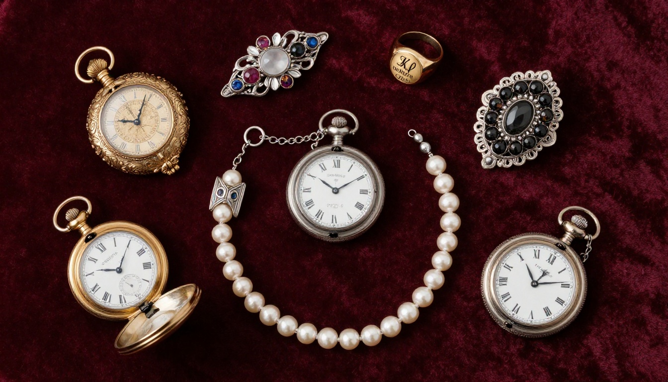 Overhead flat-lay of antique jewelry collection on burgundy velvet including Victorian gold locket and hunter-case pocket watch