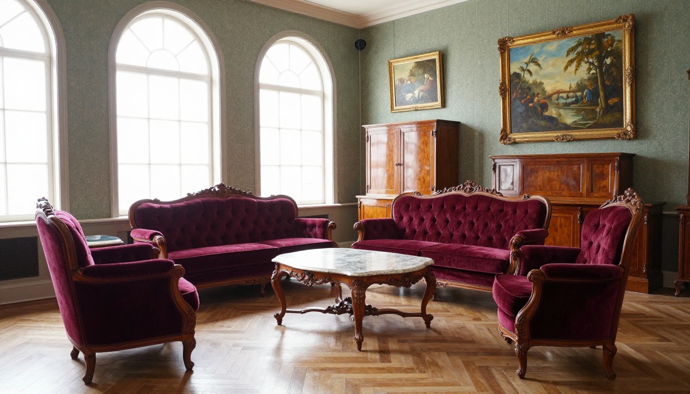 Grand Victorian furniture showroom with matched carved walnut parlor set and herringbone parquet floors in morning light