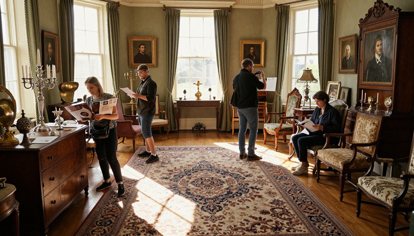 Estate sale preview afternoon with antique furniture displayed in Victorian drawing room Estate sale preview afternoon with antique furniture displayed in Victorian drawing room