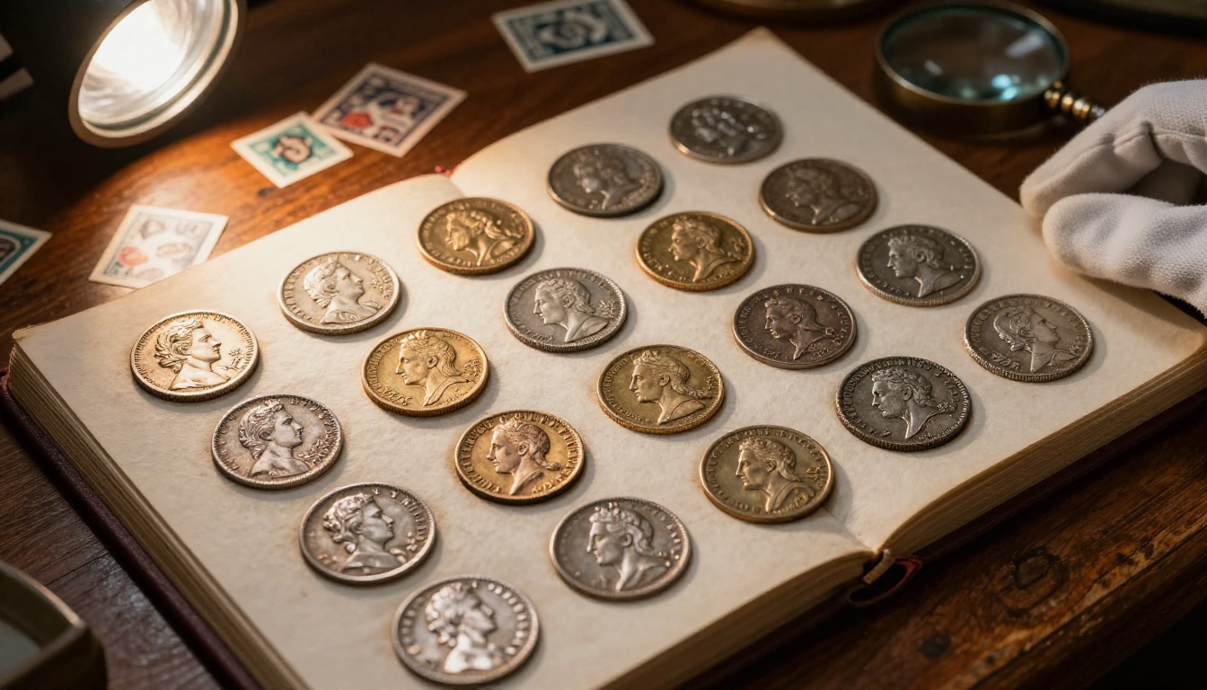 Close-up of antique coin collection in velvet presentation album with scattered philatelic stamps and jeweler's loupe