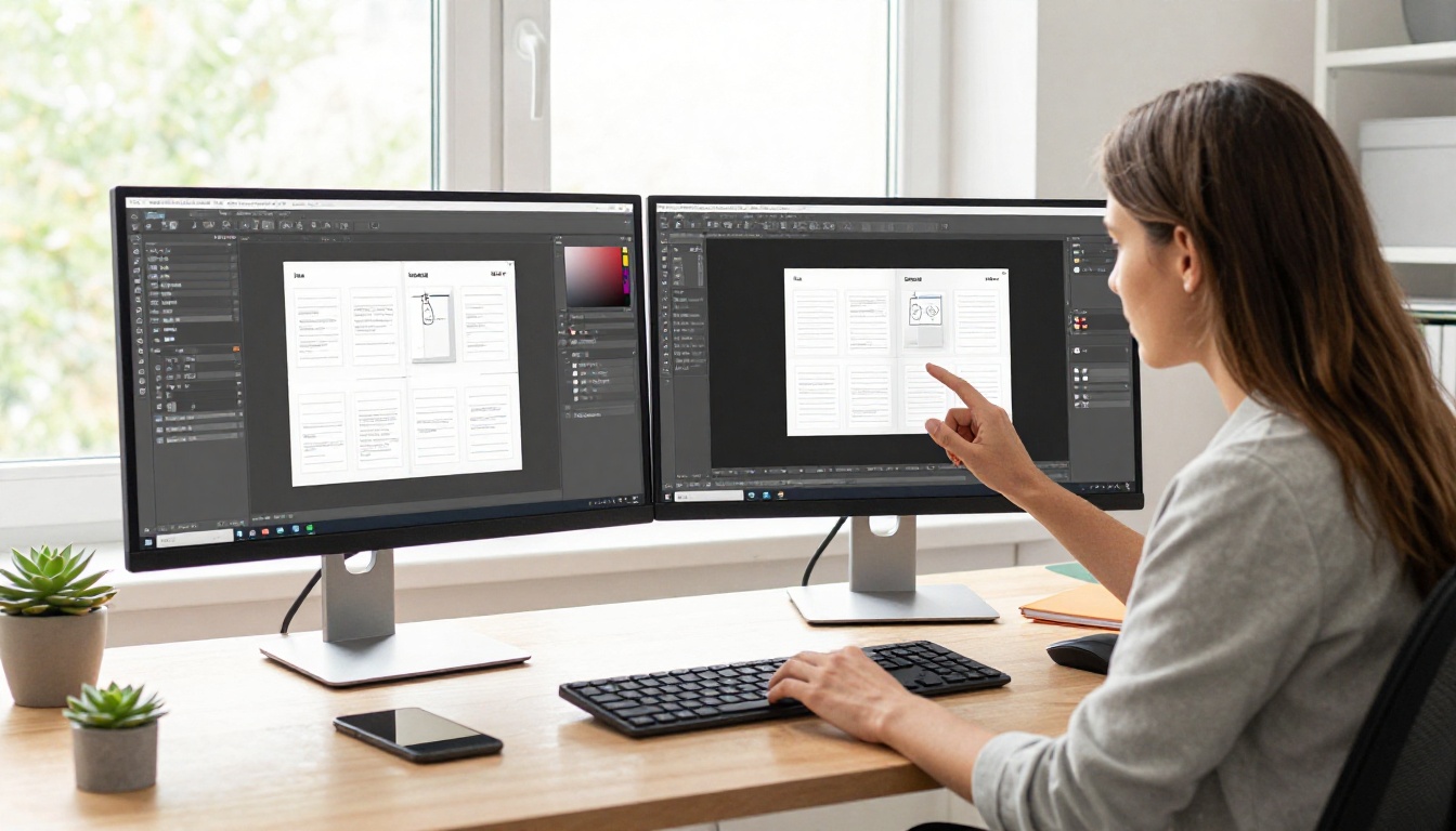 Designer at standing desk converting auction catalog to digital flipbook on dual monitors Designer at standing desk converting auction catalog to digital flipbook on dual monitors