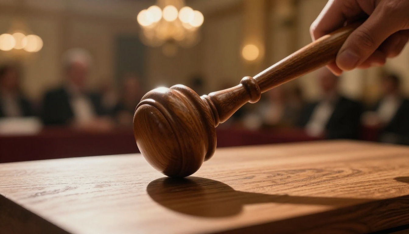 Close-up of auctioneer wooden gavel mid-strike on sound block Close-up of auctioneer wooden gavel mid-strike on sound block