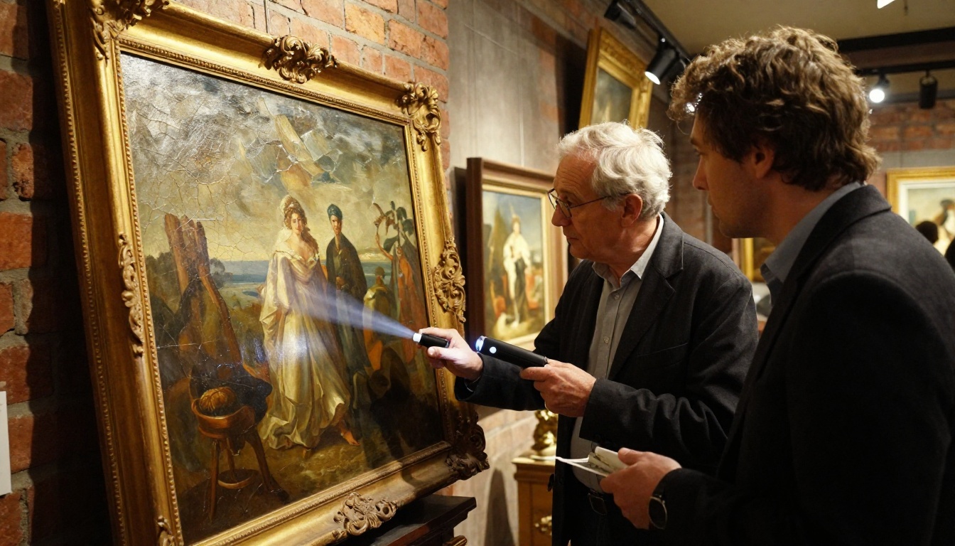 Antique art dealer and buyer closely examining a large oil painting with UV flashlight in an upscale gallery space