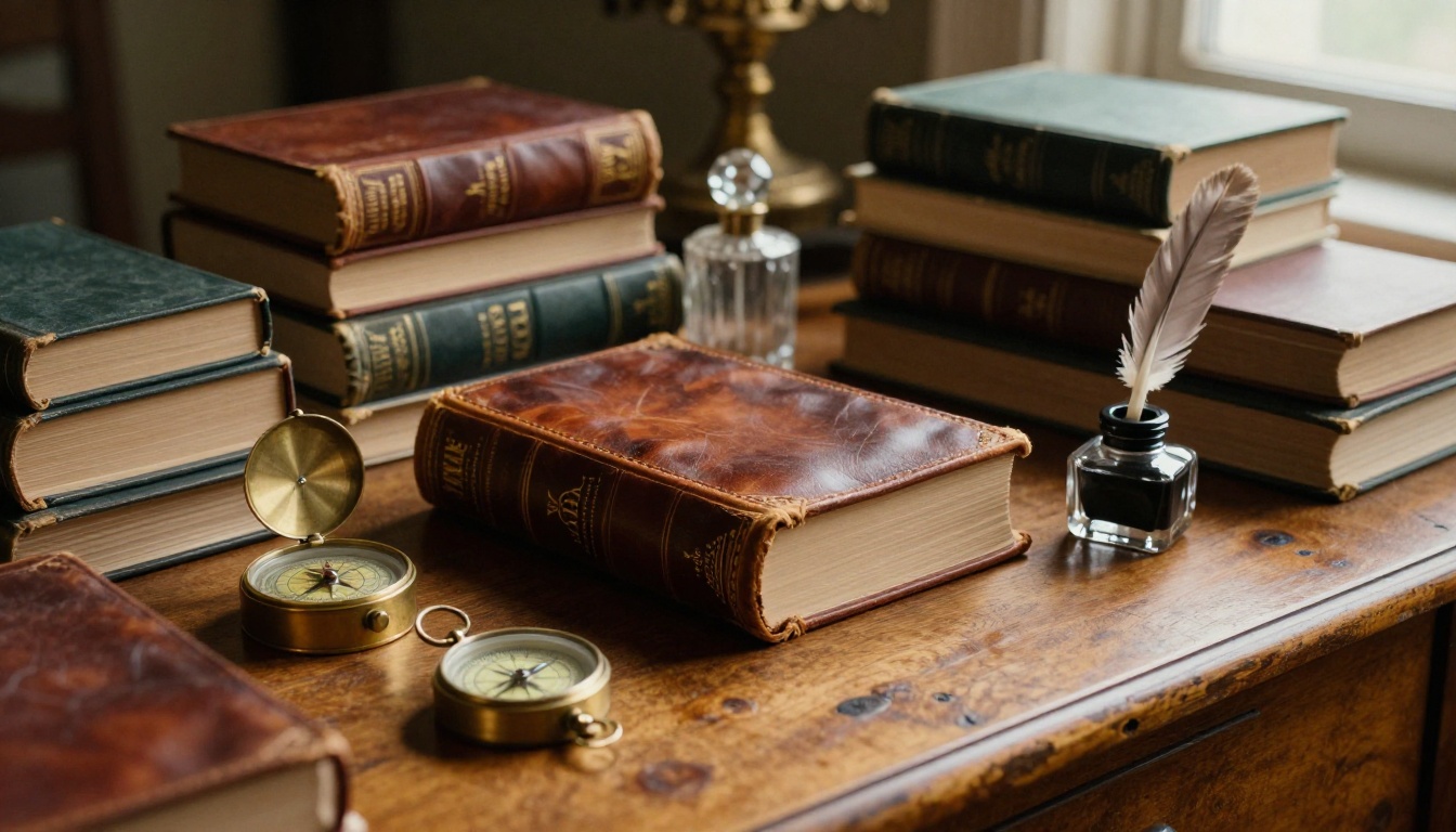 Still life of aged leather-bound books with brass sundial compass, Victorian perfume bottle, and crystal inkwell on oak writing table