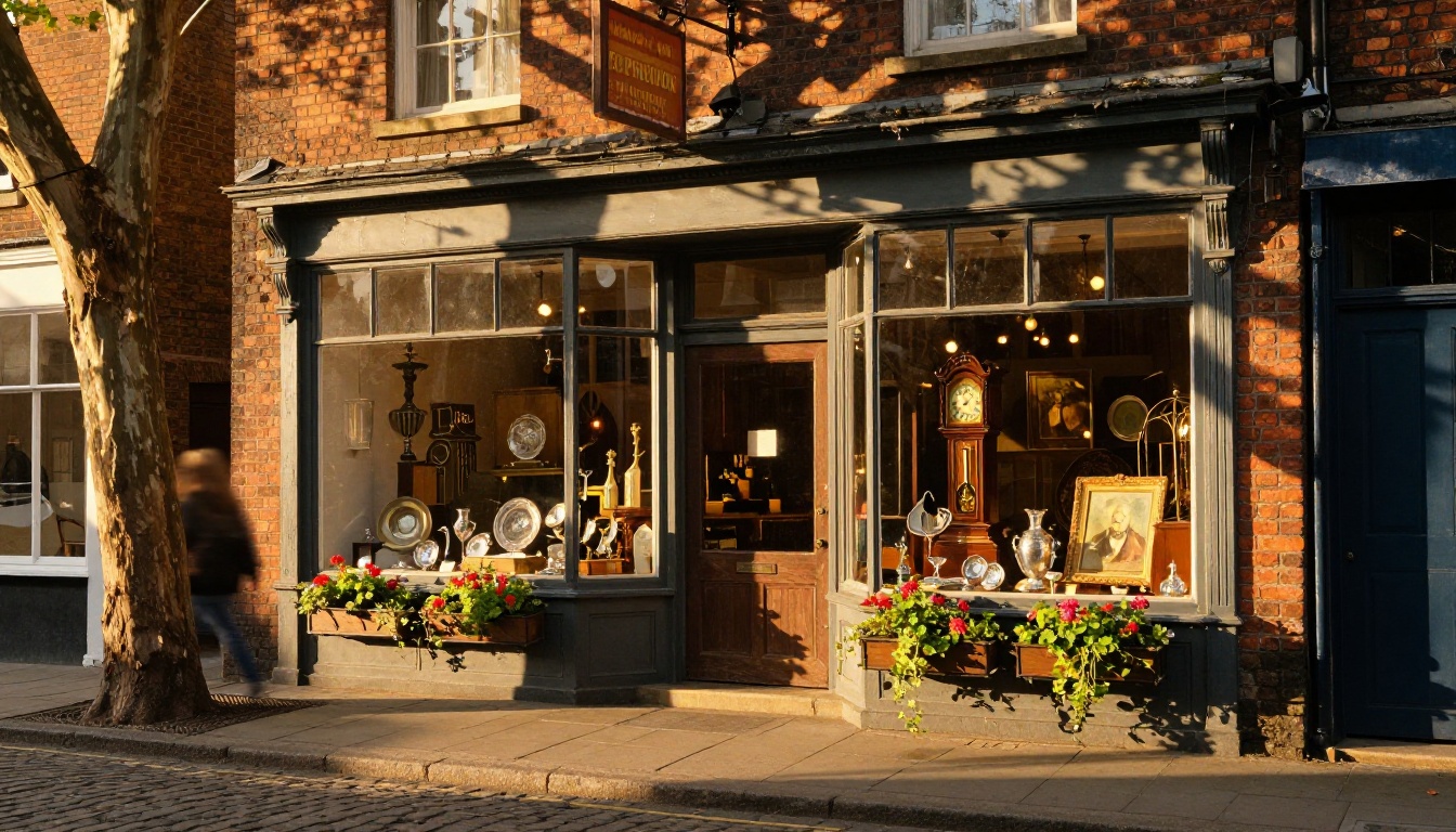 Charming Victorian antique shop storefront on cobblestone street at golden hour with bow window display and hand-painted wooden sign