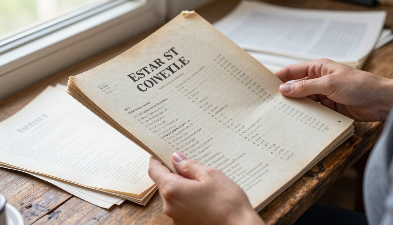 Hands holding a worn printed estate sale catalog with dog-eared pages and handwritten price tags