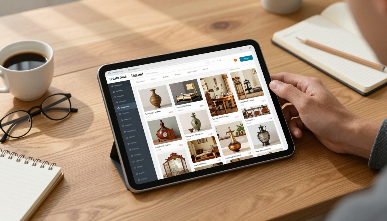 Buyer browsing a digital estate sale catalog on a tablet with coffee and notepad nearby