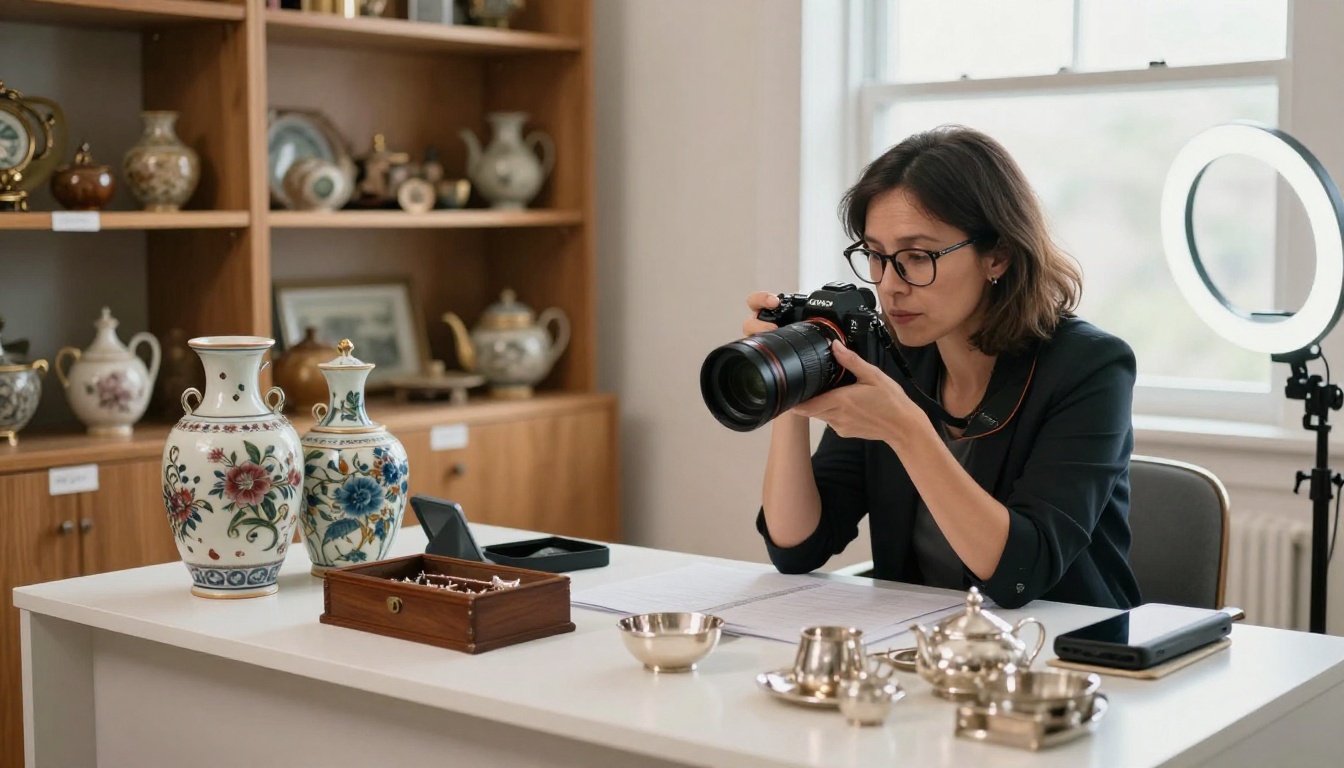 Estate sale organizer photographing antique items at a desk with a DSLR camera and ring light