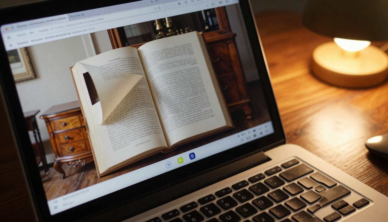 Digital flipbook page-turn interface on a laptop screen showing estate sale antique furniture page