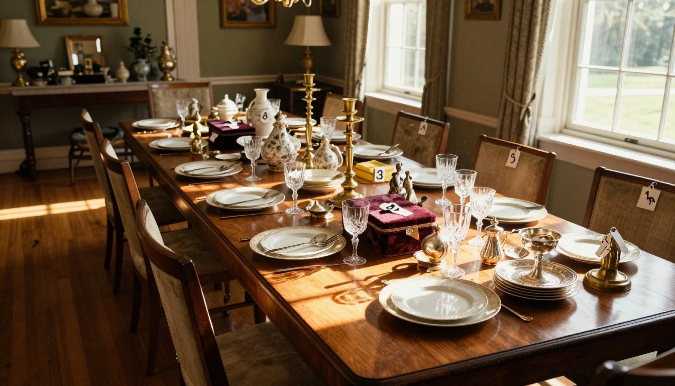 Wide shot of estate sale dining room with organized antique items on a long mahogany table in afternoon light