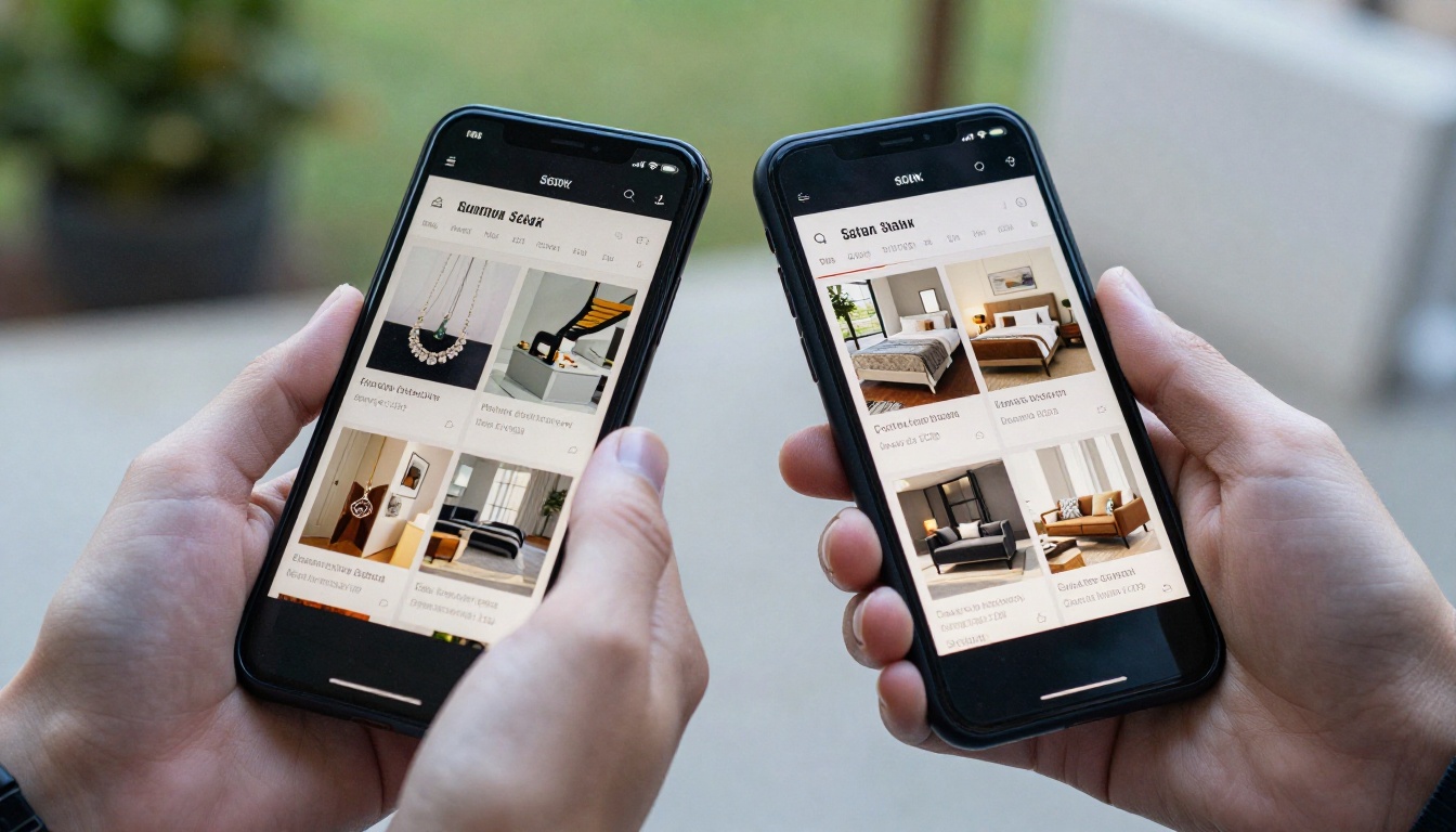 Two people sharing estate sale digital catalogs on their smartphones side by side outdoors Two people sharing estate sale digital catalogs on their smartphones side by side outdoors