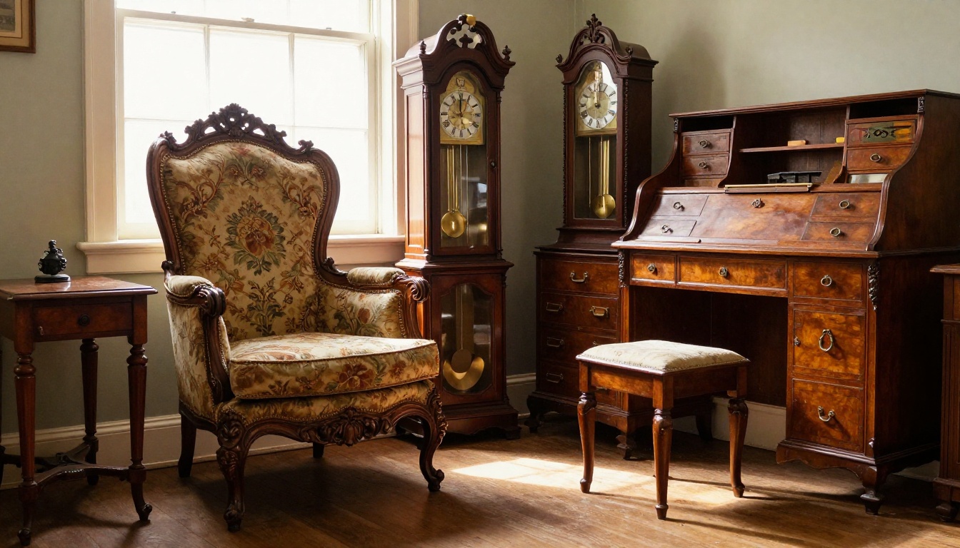 Low-angle shot of antique furniture at an estate sale including Victorian armchair, grandfather clock, and mahogany side table Low-angle shot of antique furniture at an estate sale including Victorian armchair, grandfather clock, and mahogany side table
