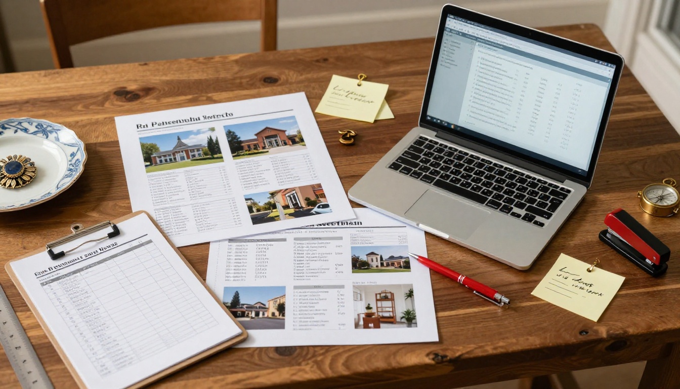 Aerial workspace shot showing laptop, printed estate item photos, sticky notes with prices, and inventory checklist Aerial workspace shot showing laptop, printed estate item photos, sticky notes with prices, and inventory checklist
