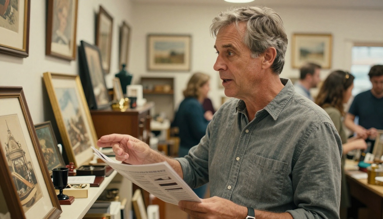 Estate sale coordinator speaking with a buyer while holding a catalog and gesturing toward antique items on a shelf Estate sale coordinator speaking with a buyer while holding a catalog and gesturing toward antique items on a shelf