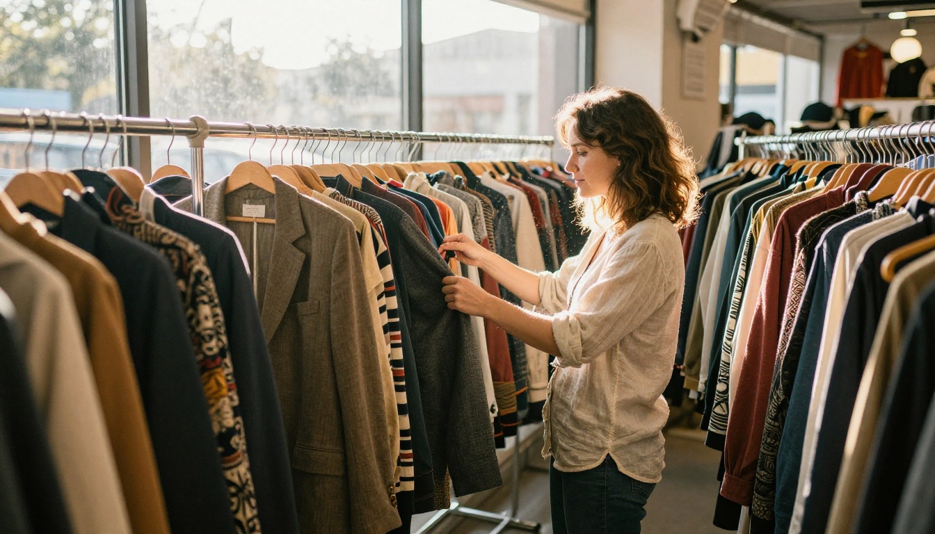 Woman browsing thrift store clothing racks