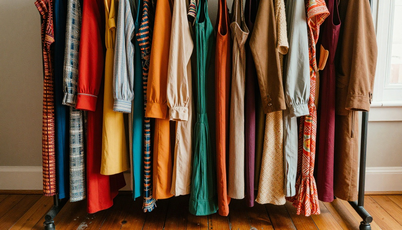 Colorful vintage clothing rack low angle shot Colorful vintage clothing rack low angle shot