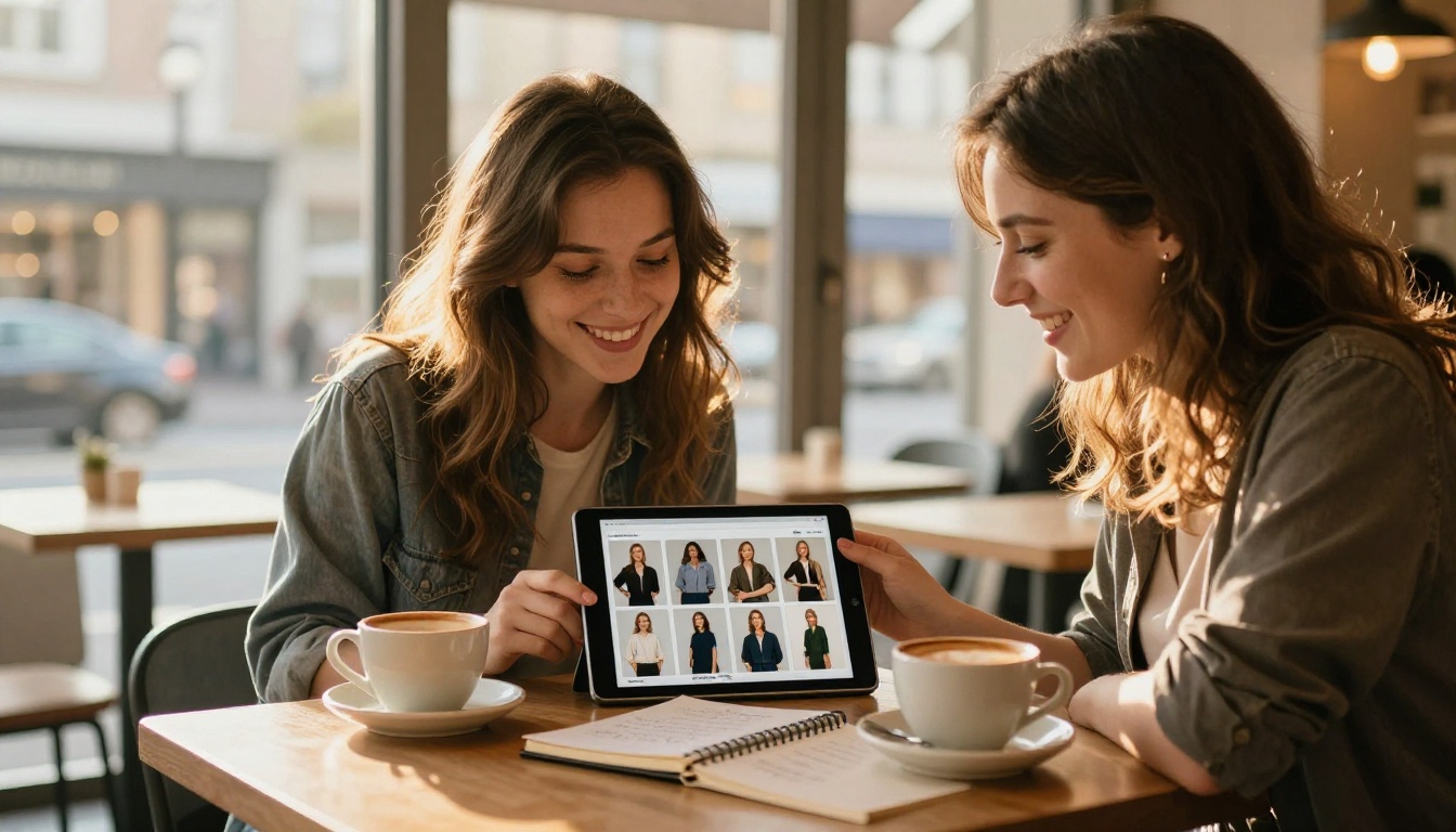 Two women browsing a digital catalog together at a cafe Two women browsing a digital catalog together at a cafe