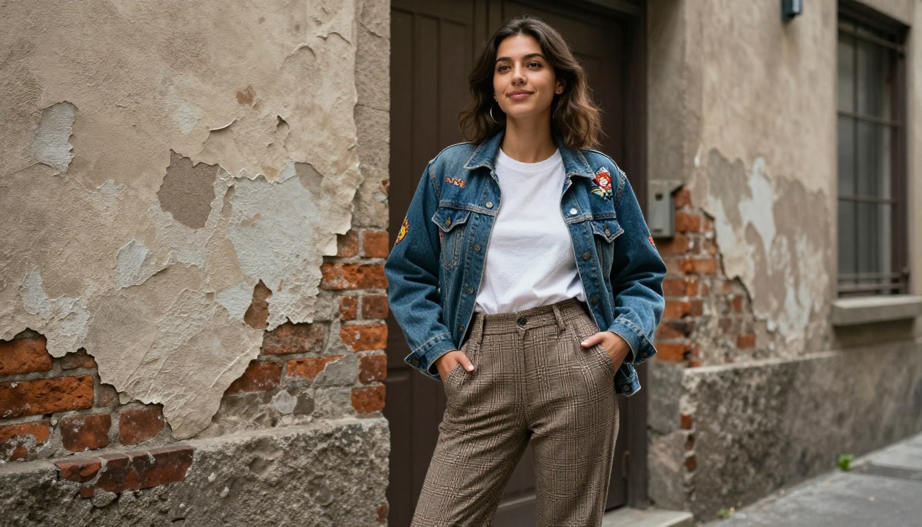Woman in vintage denim jacket street style urban alley Woman in vintage denim jacket street style urban alley