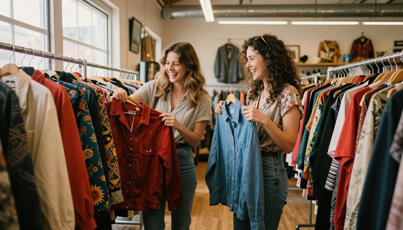 Two friends browsing vintage clothing racks together