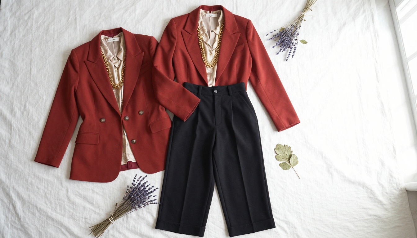 Styled vintage outfit flat lay on white linen background