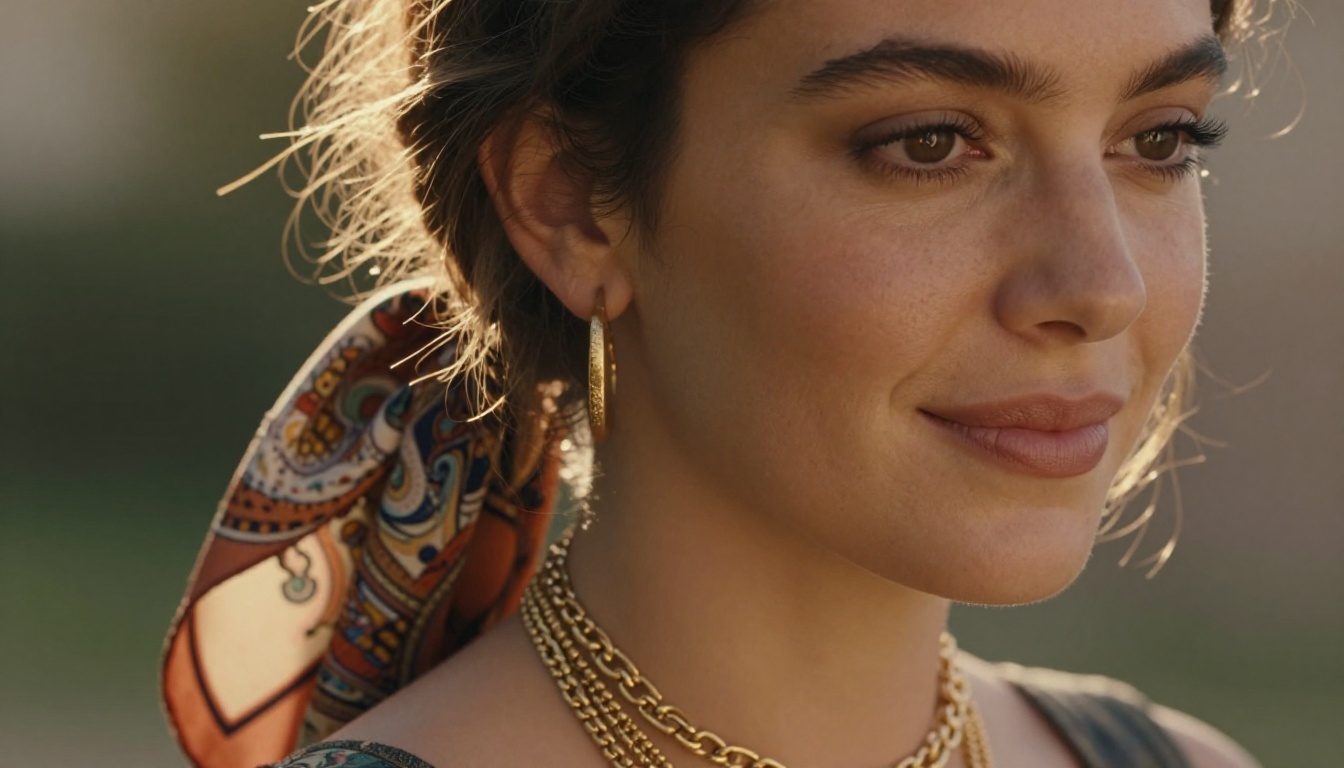 Close-up portrait of woman with vintage accessories and scarf