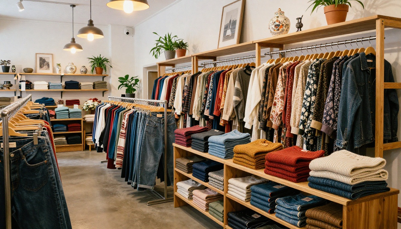 Curated thrift store boutique interior wide shot