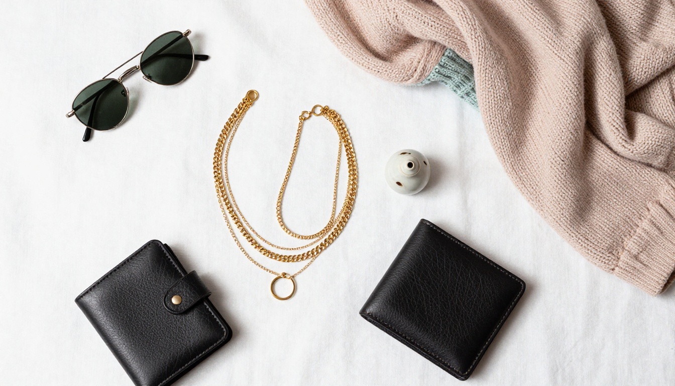 Aerial flat-lay of resale items including vintage accessories and clothing on white linen