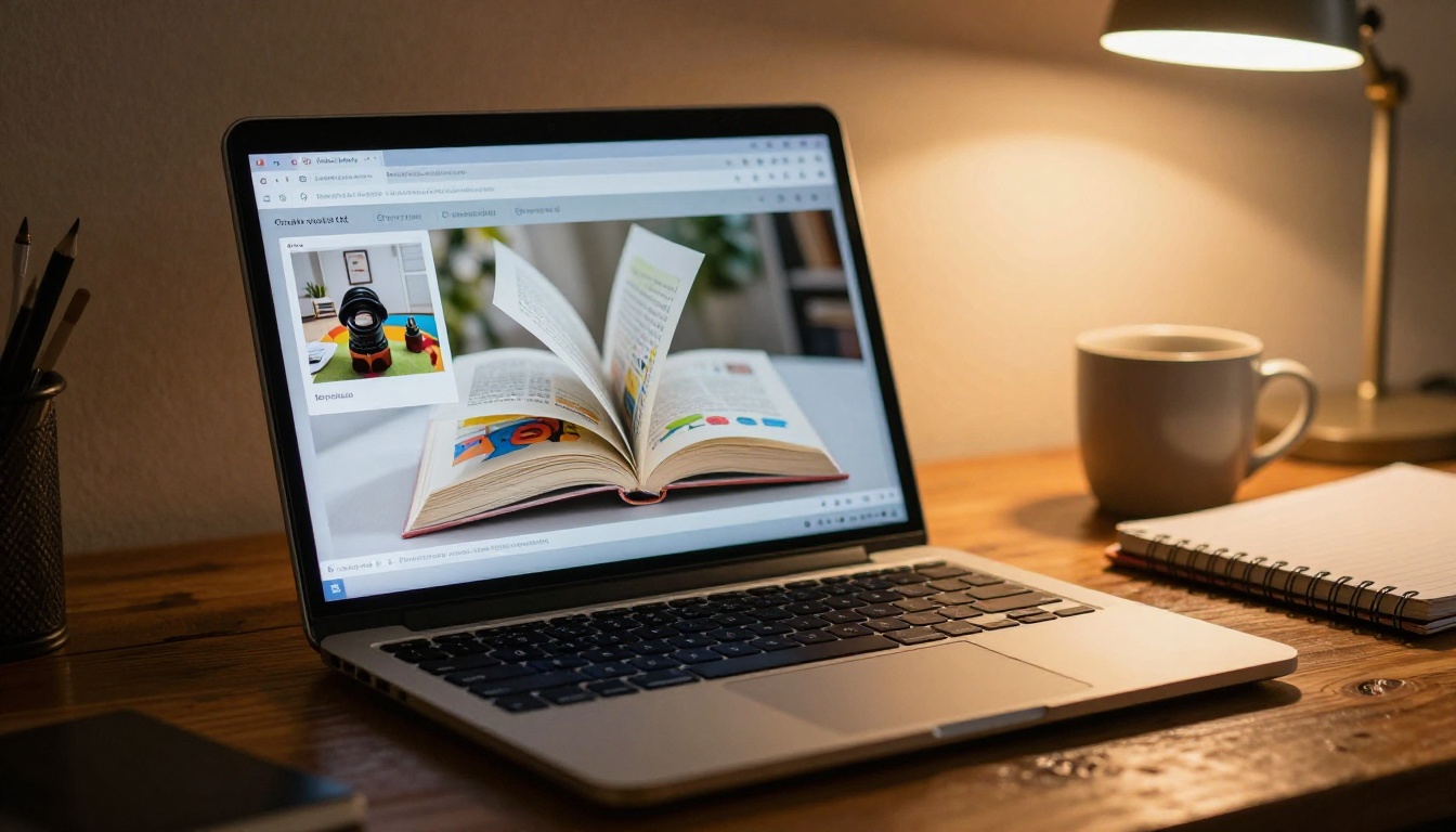 A laptop screen showing an interactive flipbook with a page-curl animation and warm desk lamp light
