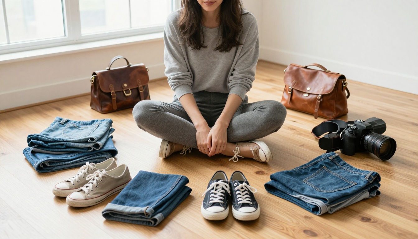 A woman sitting cross-legged on the floor photographing thrift store finds with a DSLR camera