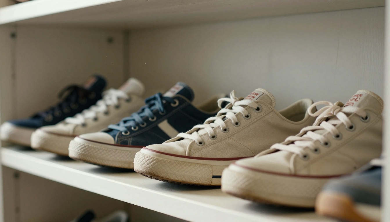 A row of vintage sneakers on a white shelf with side raking window light revealing sole and fabric texture