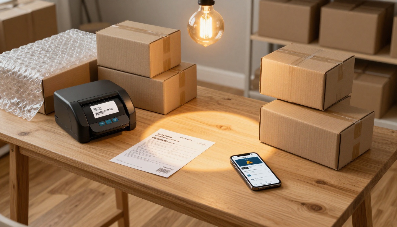 A home shipping station with a label printer, stacked cardboard boxes, and a smartphone showing a resale app