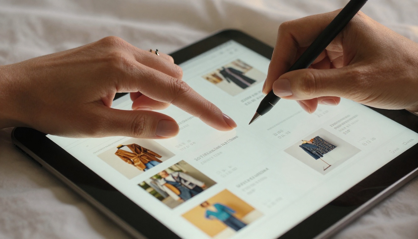 A woman's hands scrolling through an interactive flipbook on a tablet in warm afternoon light