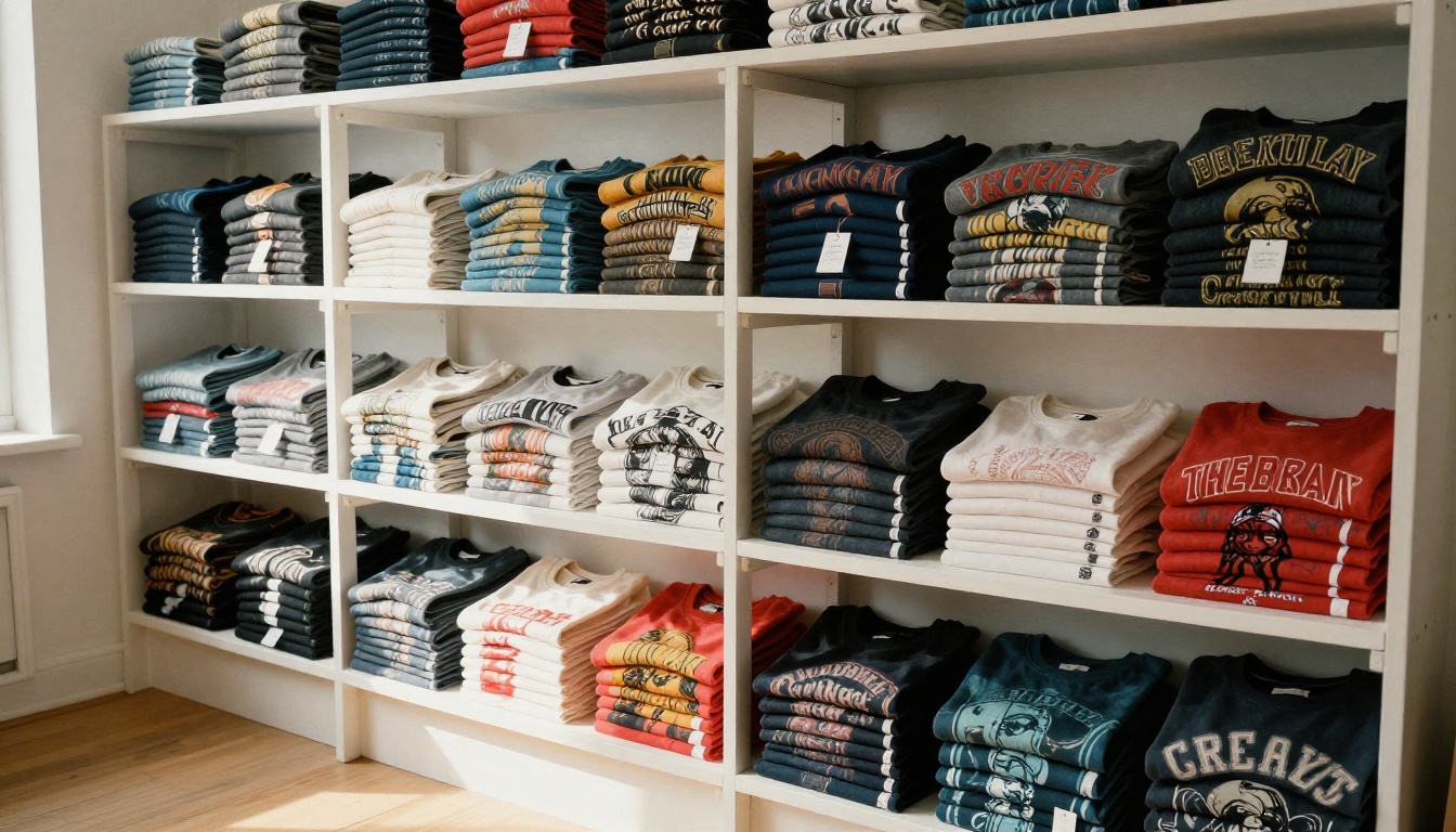 Stacks of folded vintage graphic tees organized by color on a white wooden wall shelf