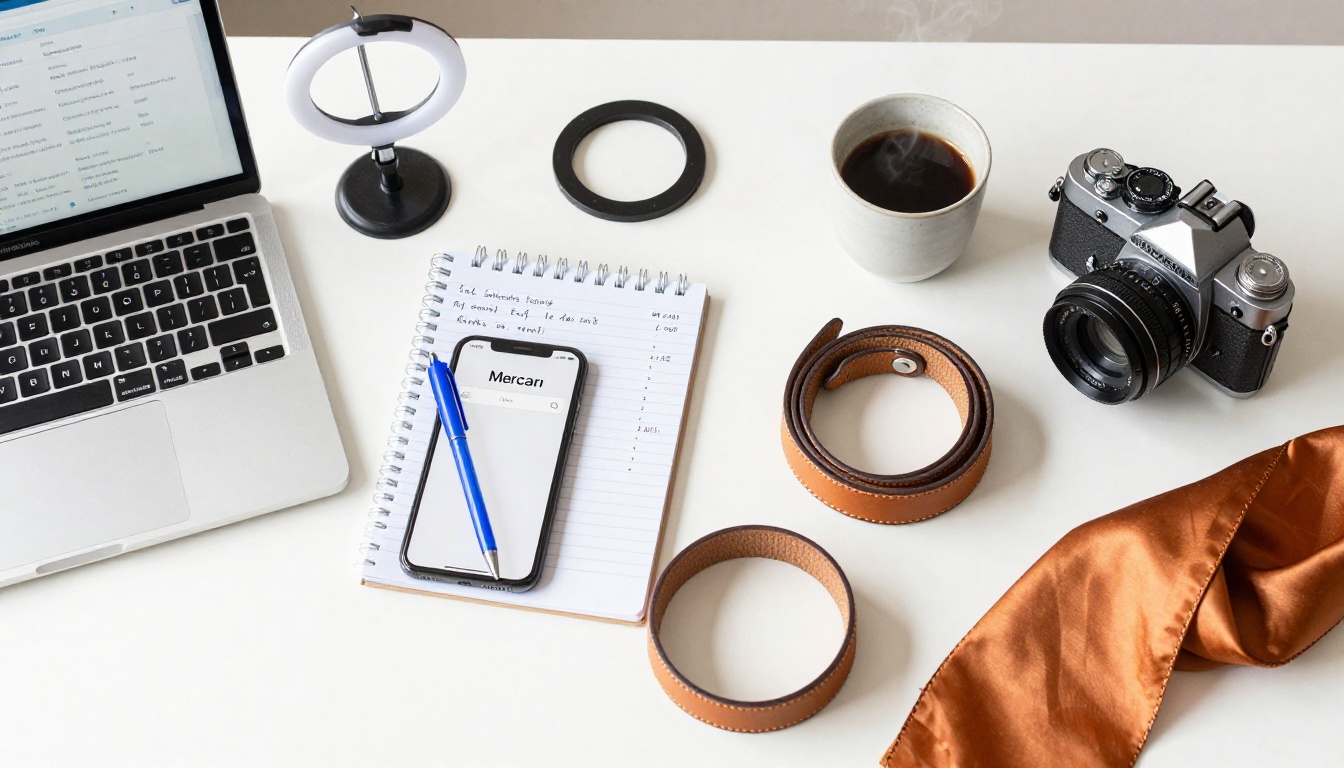 Overhead flat-lay of an active reseller's desk with laptop, smartphone, notepad, coffee, and items ready to list