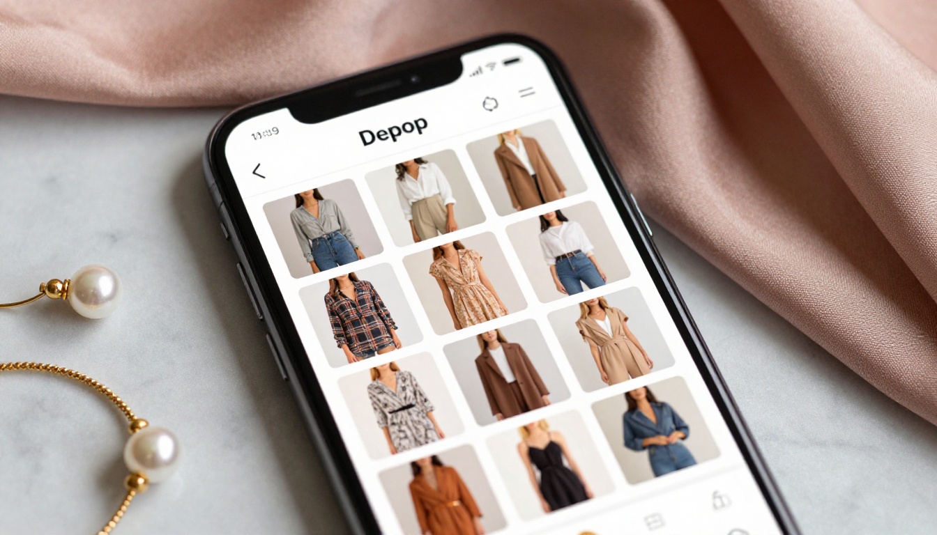 Smartphone showing Depop listing with fashion flipbook thumbnail