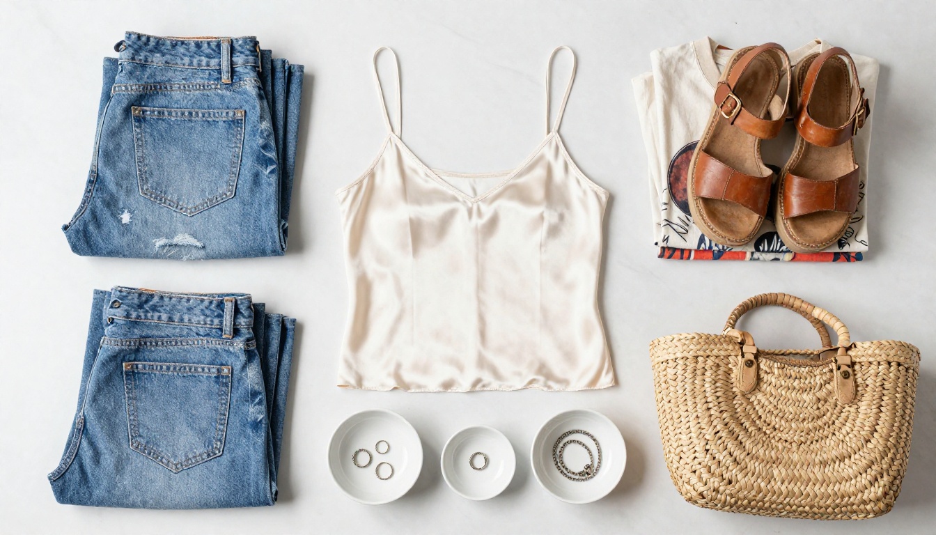 Flat lay vintage clothing haul on white marble surface
