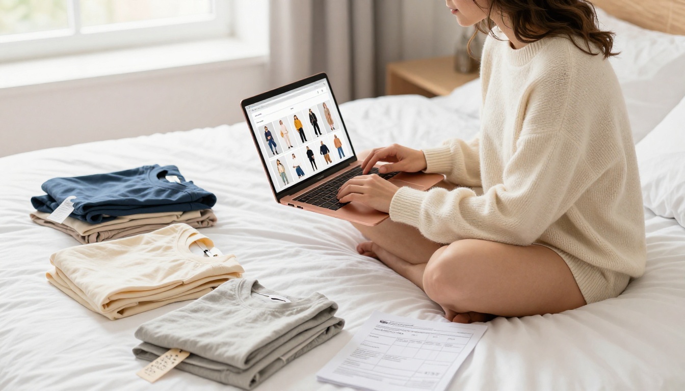 Woman browsing digital fashion flipbook on laptop in bed