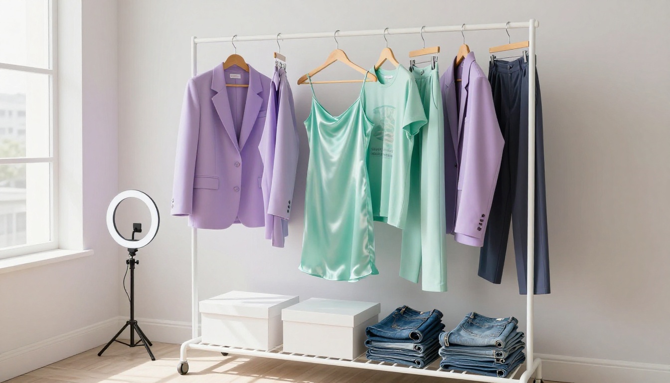 Curated vintage clothing rack in minimalist bedroom studio